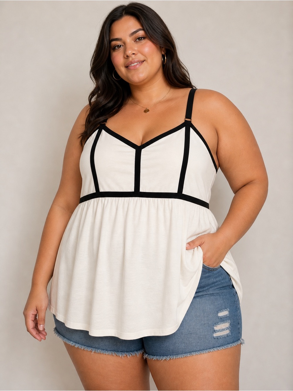 Torrid Cream & Black Contrast Babydoll  Adjustable Straps Tank Size 3X